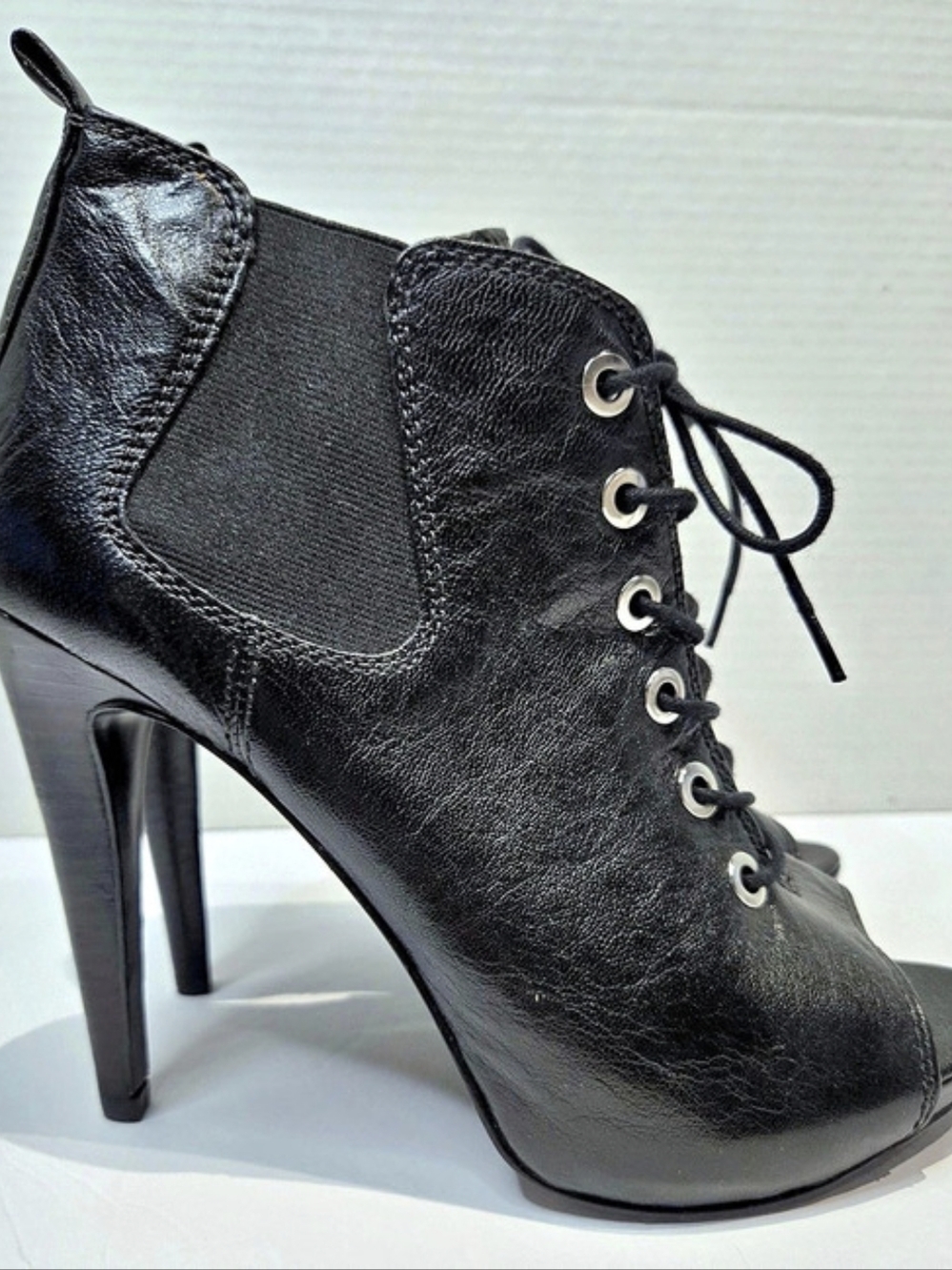 Nine West Black Lace-Up Peep Toe Stiletto Booties NEW